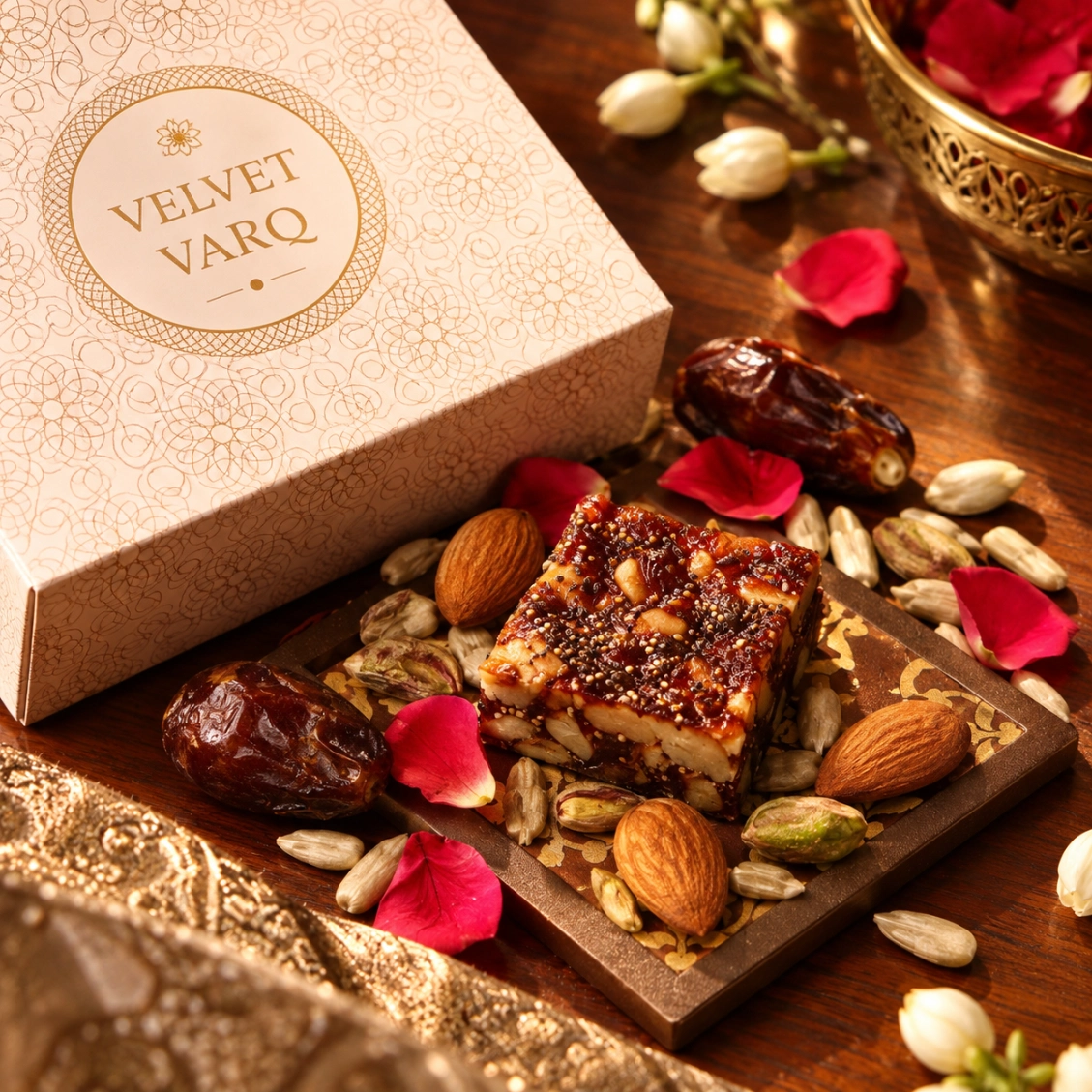 Rose ladoo with Velvet Varq box